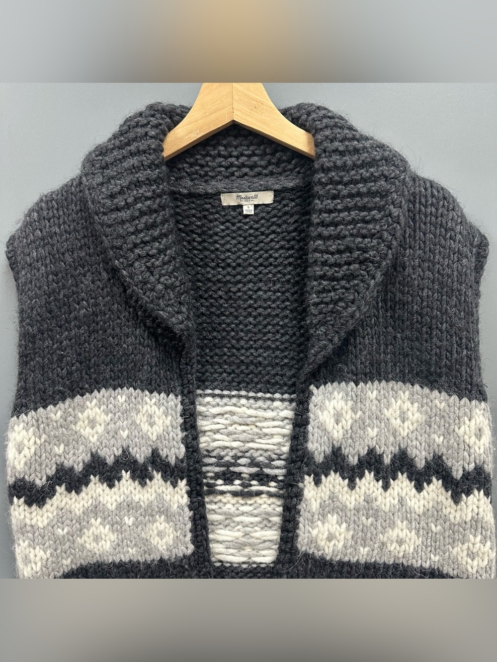 Madewell Open Front Sweater Vest Wool Blend Fair Isle Gray Black Alpaca Size L - Picture 7 of 14